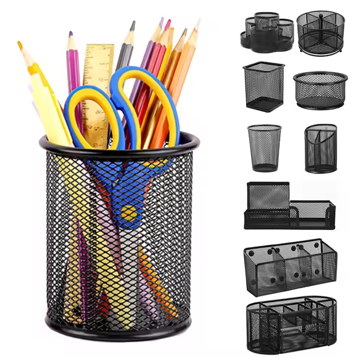 Wholesale OEM Custom Metal Pen Holder Multifunction Metal Mesh Office Desk Organizer Pen Stand Holder Stationery Organizer